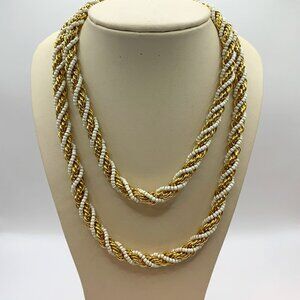 Vintage Two Strand Gold Tone Chain Wrapped In Seed Pearls